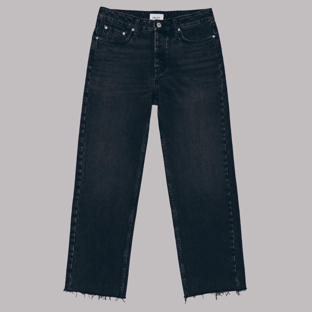 MIKUTA The Black Cropped Straight Frayed Hem Jeans